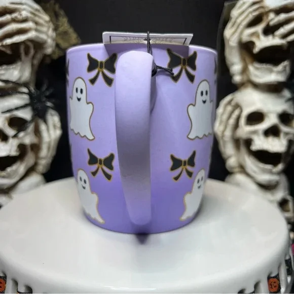 Cobwebs & Cauldrons Halloween Purple Ombre White Ghost Black Bow Coffee Mugs - Picture 10 of 12